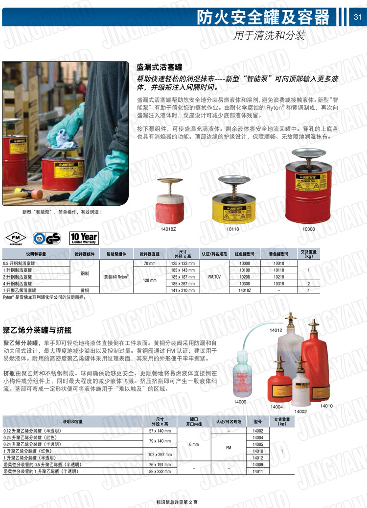美國杰斯瑞特，JUSTRITE，活塞安全罐，盛漏式活塞罐，化學(xué)品分裝罐，